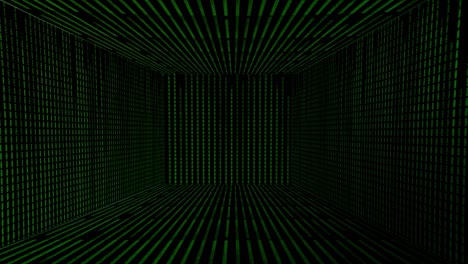 abstract green futuristic background with the strings forming a corridor. motion. narrow lines or segments creating 3d shaped rectangular space and disappear on black backdrop, matrix effect.