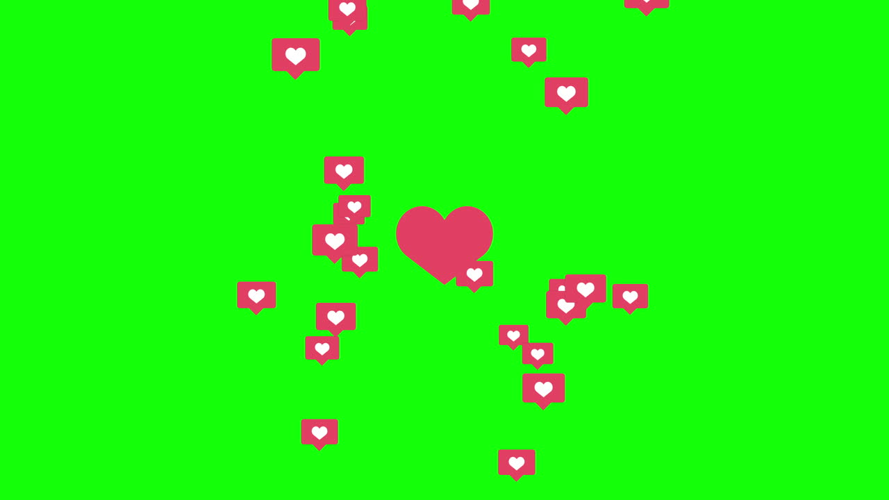 Red heart with flying small icons for social networks on a green background. Animation background. Like sign.