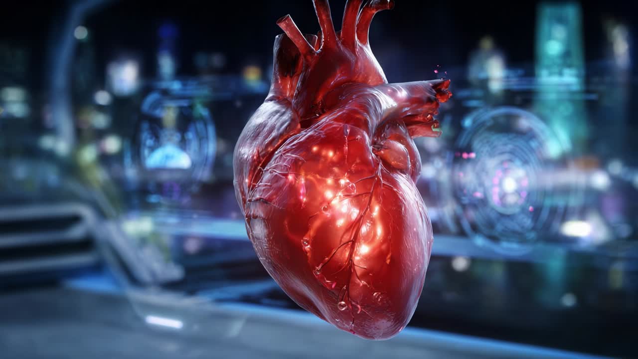 A Stunning 3D Visualization of a Human Heart in Motion Against a Futuristic Background, Showcasing Pulse and Veins While Highlighting Anatomical Details and Realistic Textures