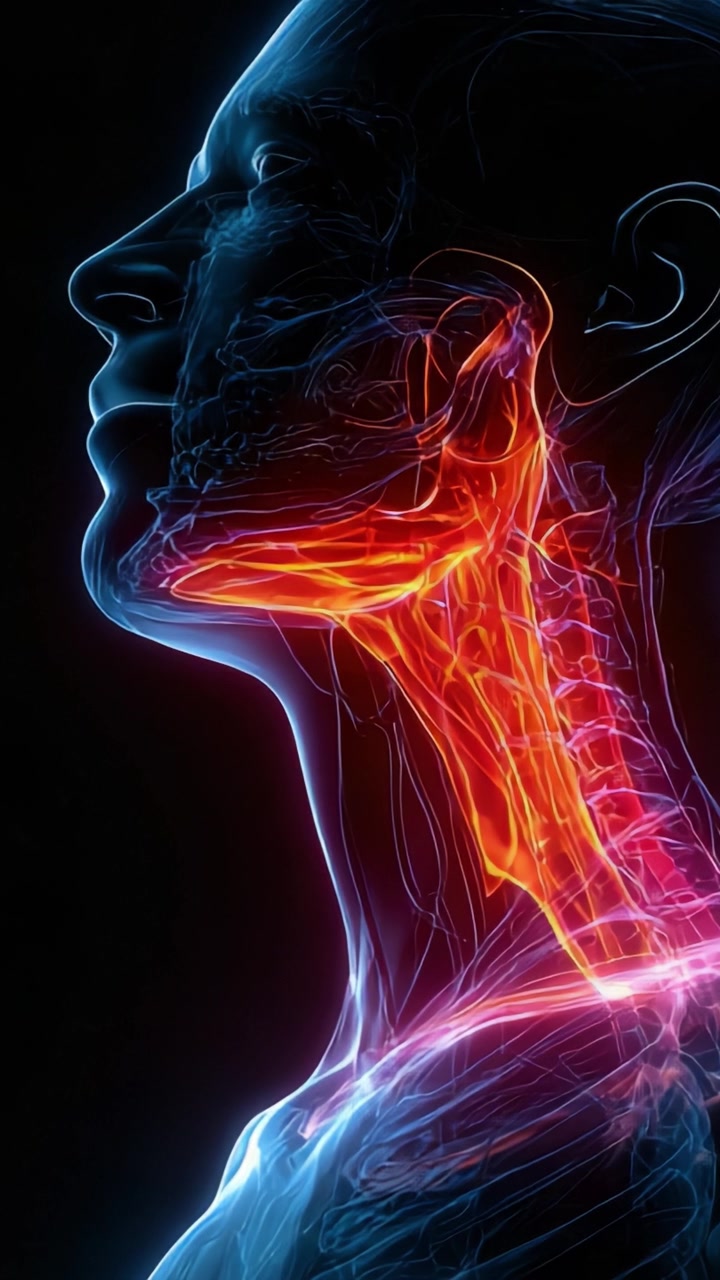 Visualizzazione Dettagliata dell'Anatomia del Collo Umano che Evidenzia i Percorsi Nervosi e la Struttura Muscolare in una Rappresentazione Artistica della Parte Superiore del Corpo