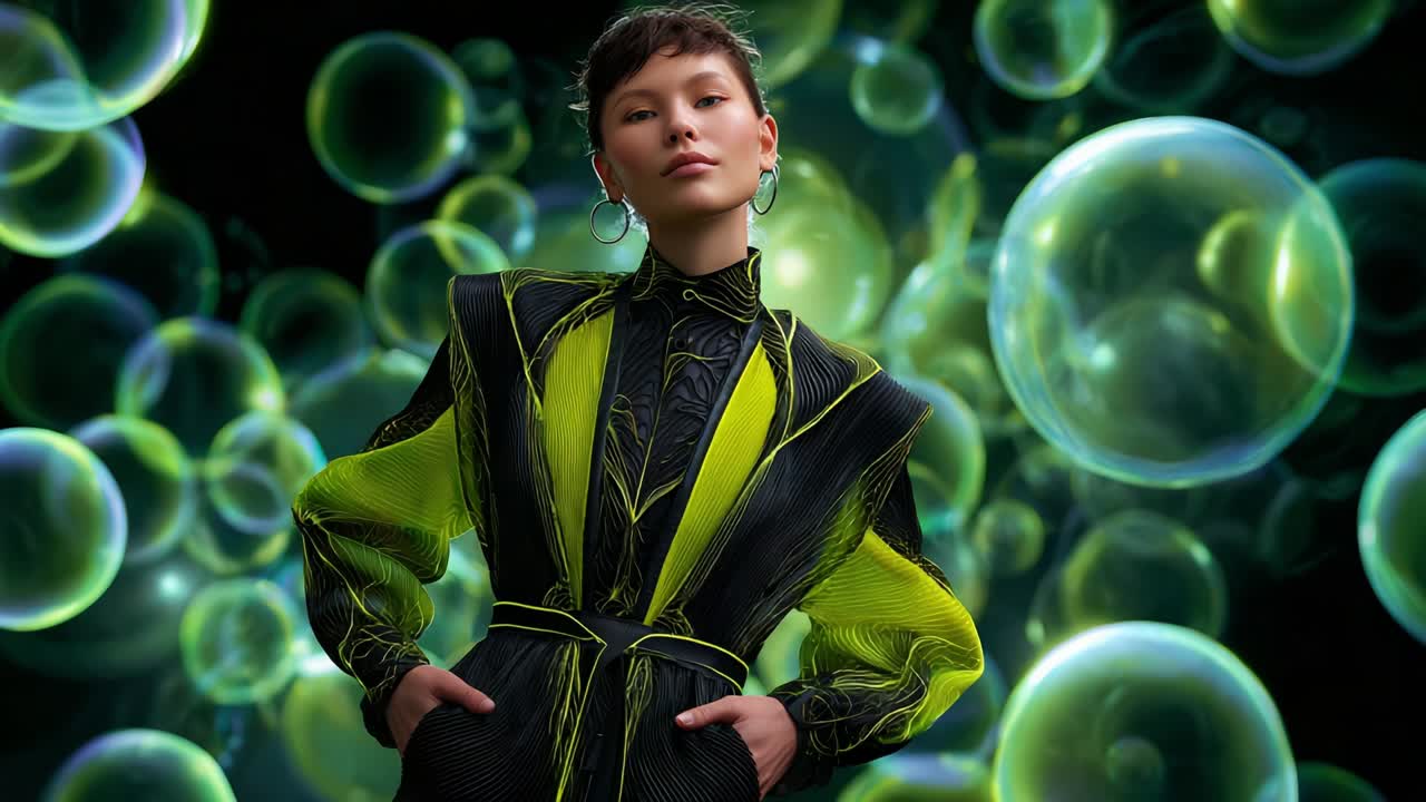 Striking Fashion Portrait Combining Edgy Design Elements with Vibrant Green Bubble Background, Highlighting Modern Elegance and Contemporary Style in a Unique Visual Composition