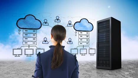 Woman-looking-at-cloud-storage