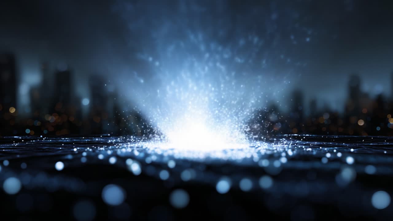 Un'affascinante rappresentazione di luce e particelle che emanano da un punto centrale su uno sfondo urbano scuro in due splendide immagini