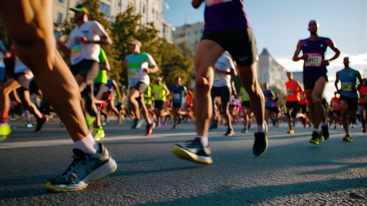 Marathon runners charging down a bustling city street during a vibrant race, embodying determination and athleticism while showcasing their commitment to fitness and endurance