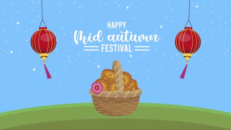 happy mid autumn festival animation with mooncakes in basket