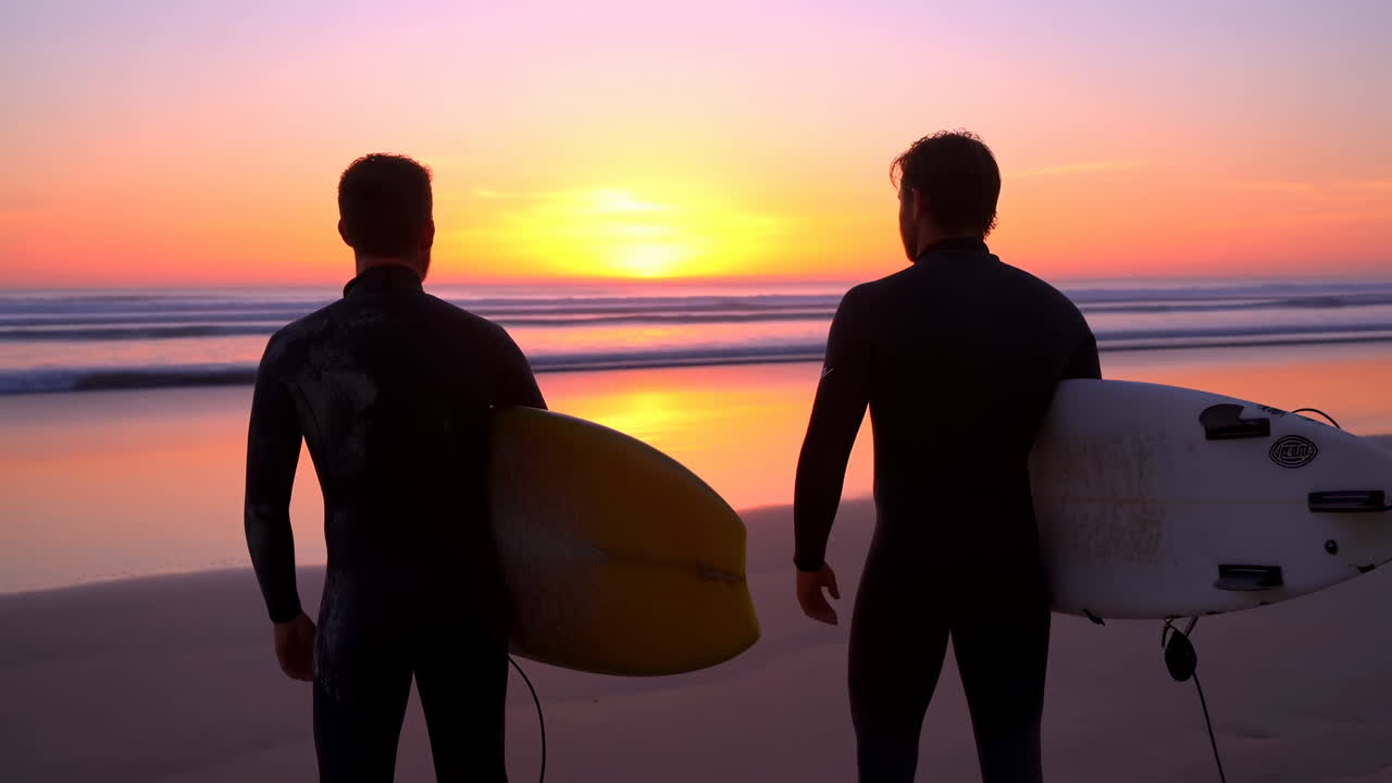 Deux surfeurs debout sur la plage observant un magnifique coucher de soleil sur l'océan.