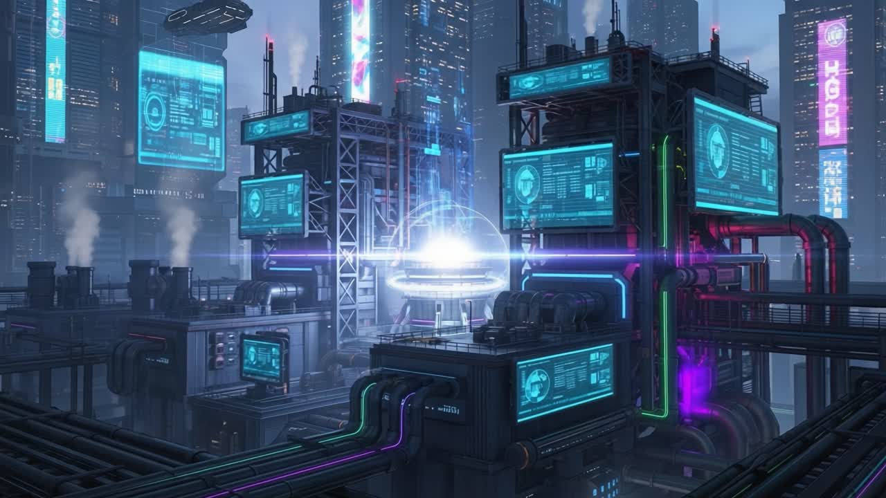 Futuristic Industrial Landscape with Glowing Technology and Neon Lights: An Artistic Depiction of a High-Tech City Environment Throughout Day and Night Cycles