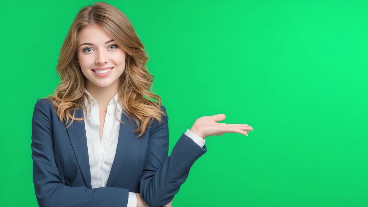 A Confident Young Woman in Professional Attire with a Friendly Expression Gesturing Against a Bright Green Background, Showcasing Optimism and Approachability