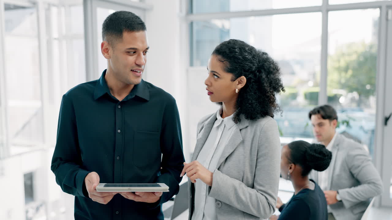 Tablet, teamwork and business people