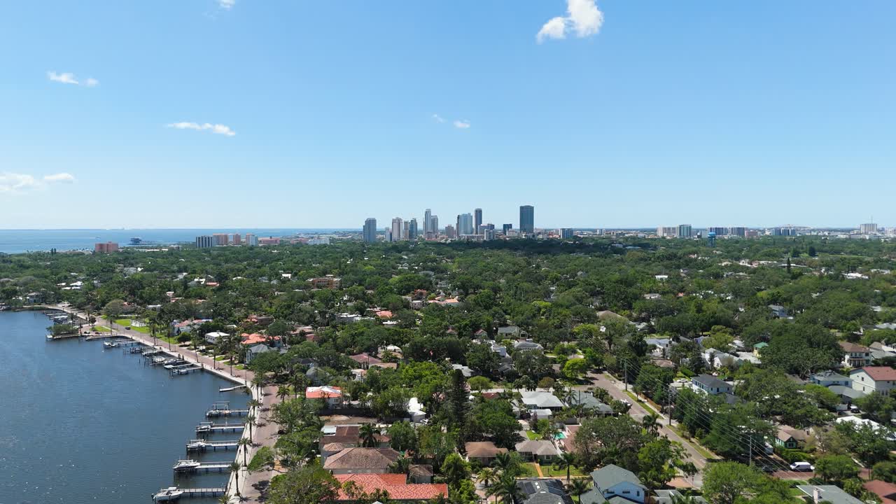 Aerial pull out from Downtown Saint Petersburg and Coffee Pot Park.