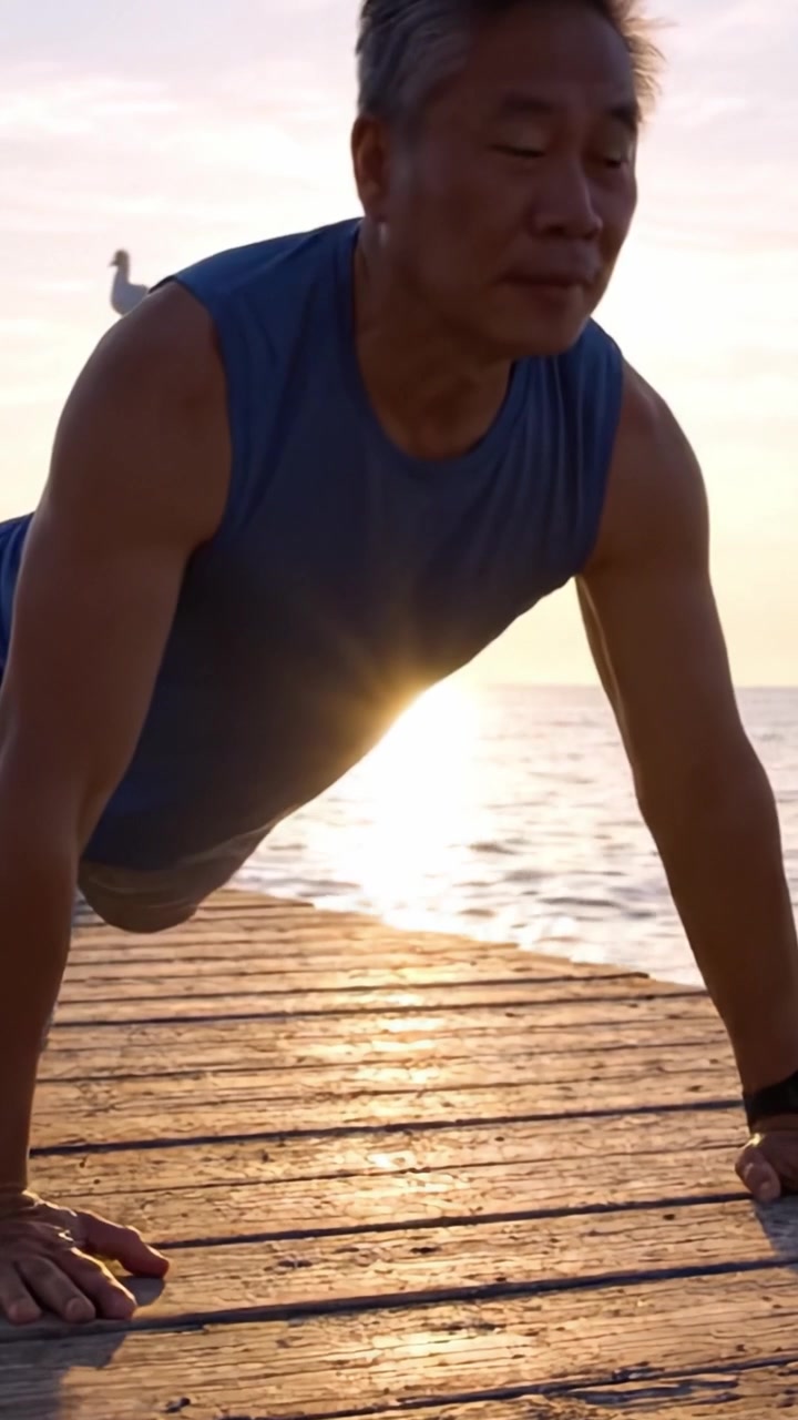 An individual practicing push-ups on a serene waterfront pier at sunset, highlighting dedication to fitness amidst natural beauty and tranquility.