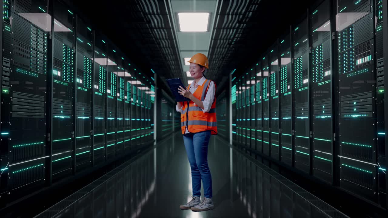 Full Body Side View Of Asian Female Engineer With Safety Helmet Working On A Tablet While Standing in Server Room Data Center