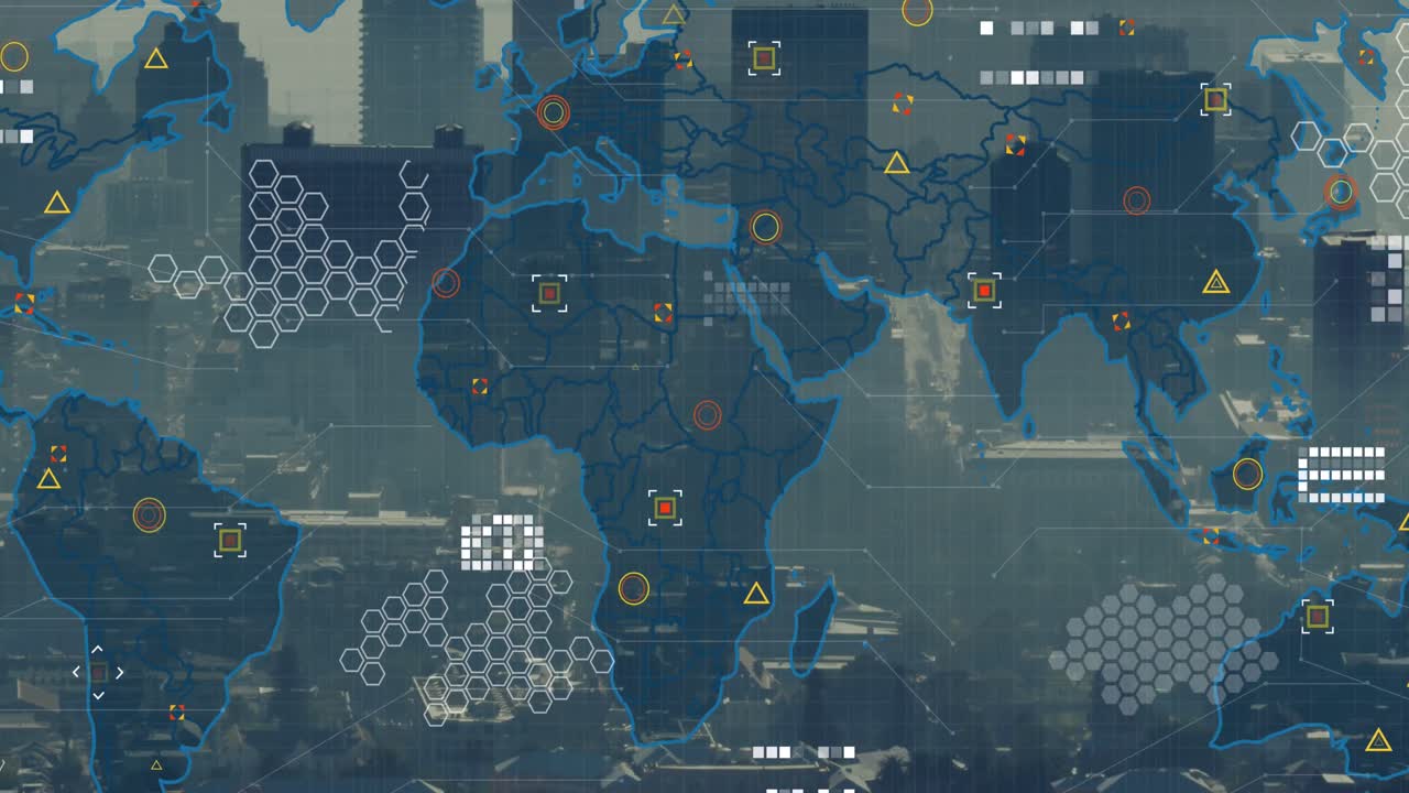 Animation of data processing and world map against aerial view of cityscape