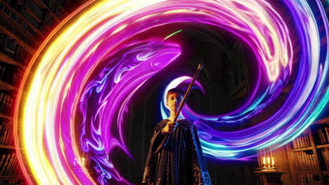 young wizard performing magic in a library