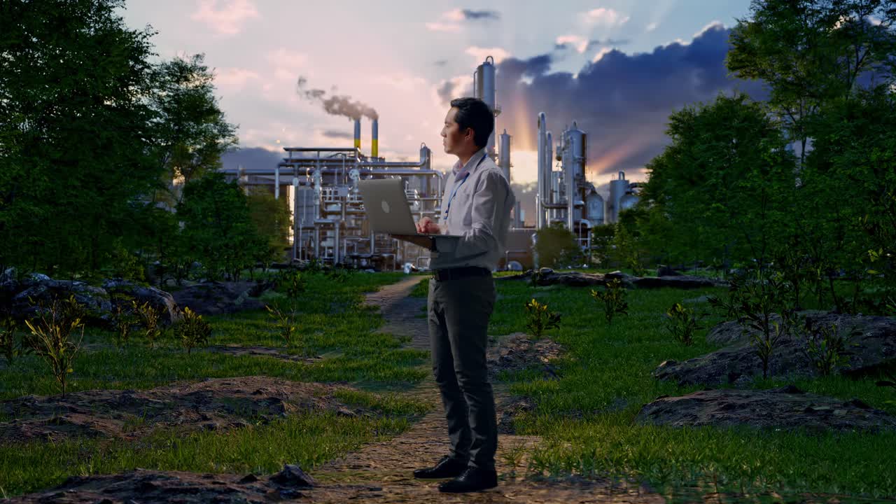 Full Body Side View Of An Asian Male Professional Worker In Front Of Oil Refinery, Observes By Looking Up Before He Come To Concentrating On The Laptop And Keep On Typing
