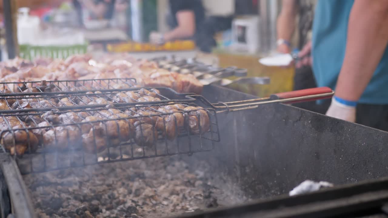 Street Chef Prepares Juicy Grilled Vegetables, Mushrooms Outdoor in Food Court