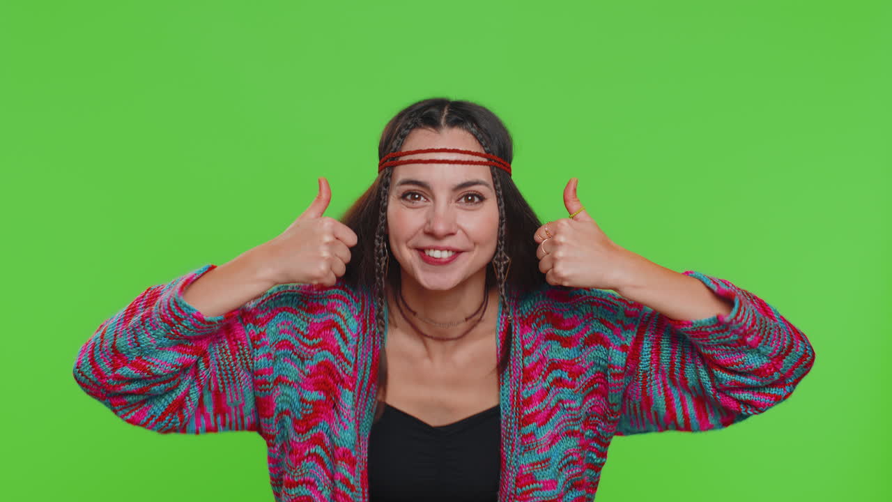 Happy Woman in 70s Style Cardigan