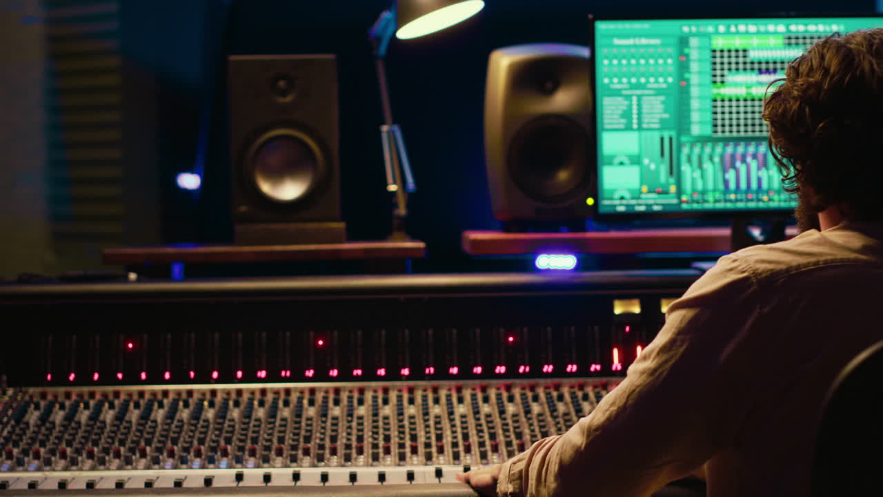 Sound engineer recording and editing tracks in control room