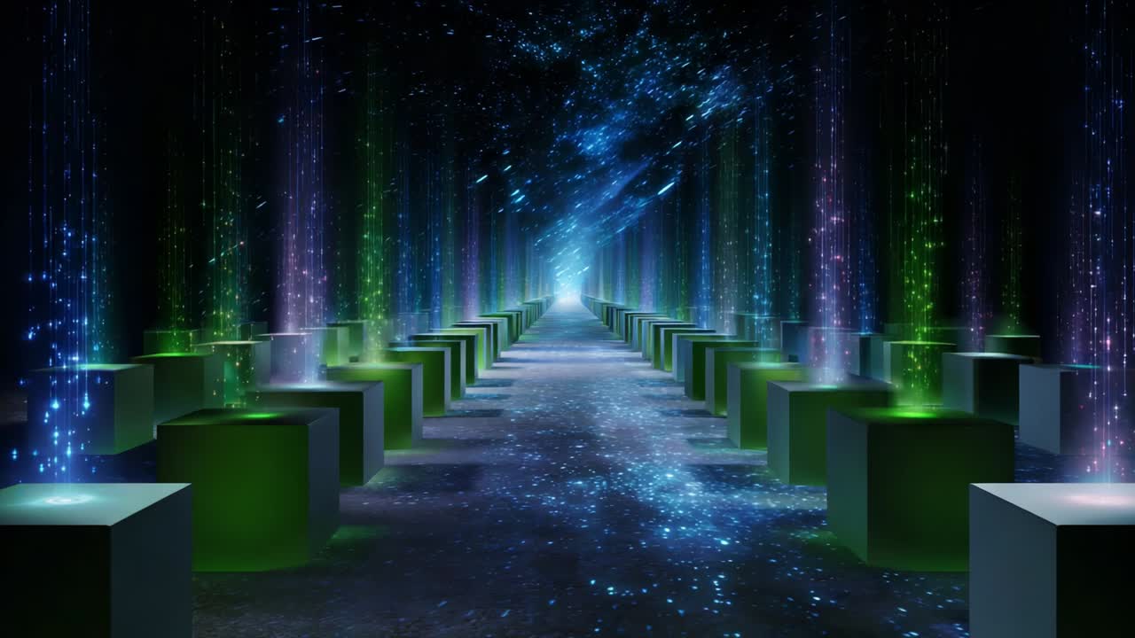 A Mesmerizing Journey Through a Cosmic Light Pathway, Featuring Illuminated Columns of Light in a Dark Enclave, Reflecting a Hypnotic Display of Colors and Sparkling Effects Across the Ground