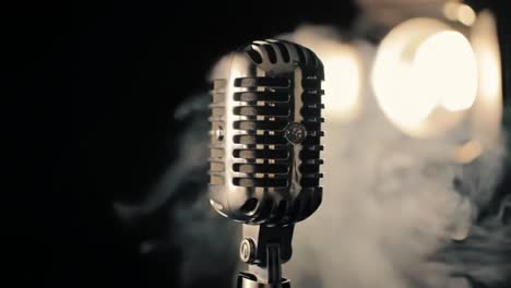 vintage microphone emitting a retro aura surrounded by smoky atmosphere, perfect for capturing melodic sounds and artistic performances in an intimate setting