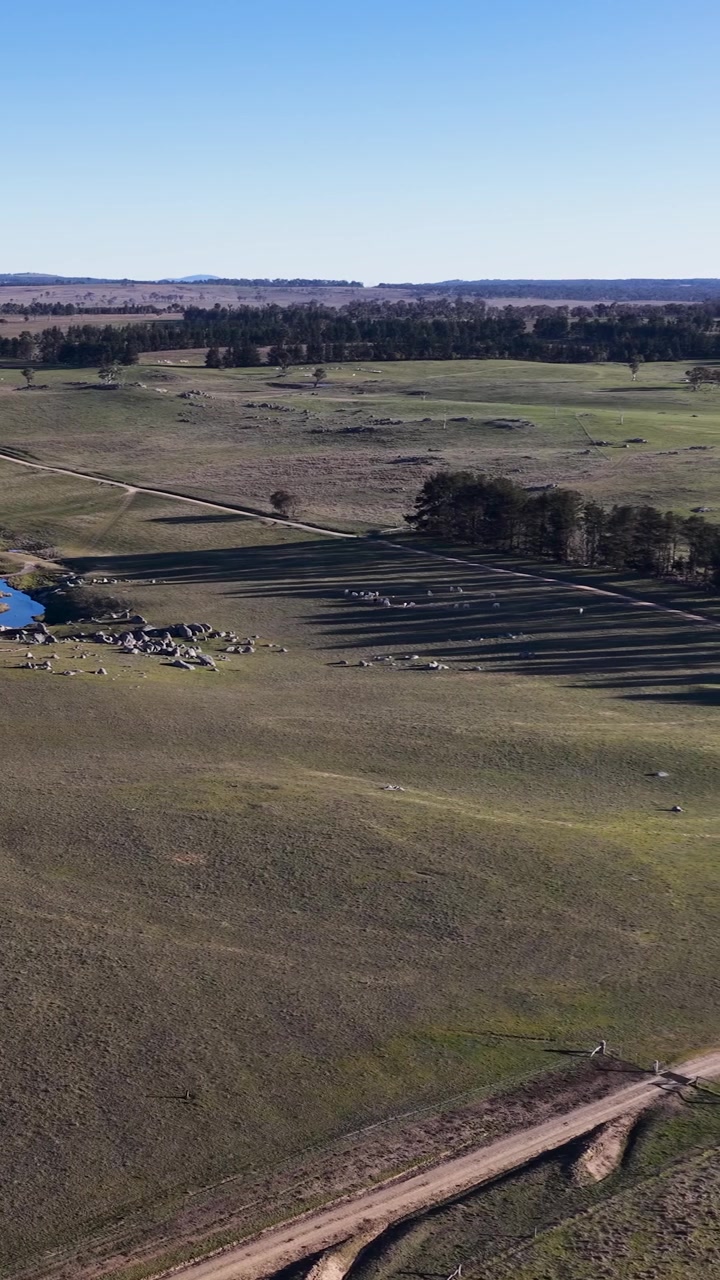 Ripresa aerea con drone dall'alto di un fiume che scorre attraverso pascoli verdi a Uralla, NSW, Australia