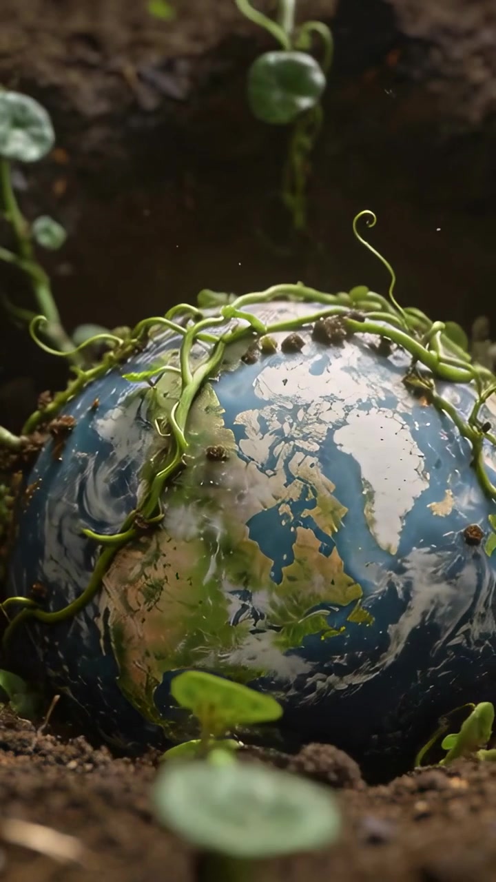 Video vertical: Revelando un globo terráqueo, la cámara se aleja mientras las enredaderas trepan sobre la tierra mostrando brotes.