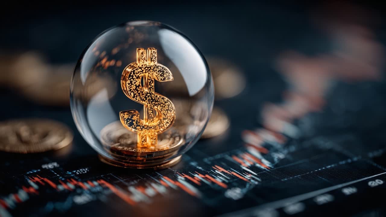 Eine atemberaubende visuelle Darstellung finanziellen Wohlstands: Ein leuchtendes Dollarzeichen, eingeschlossen in einer Glaskugel, vor dem Hintergrund von Börsentrends und Goldmünzen.