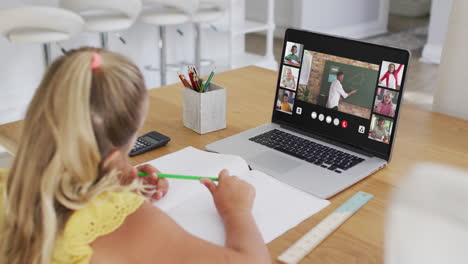 composite of girl using laptop for online lesson at home, with diverse teacher and class on screen