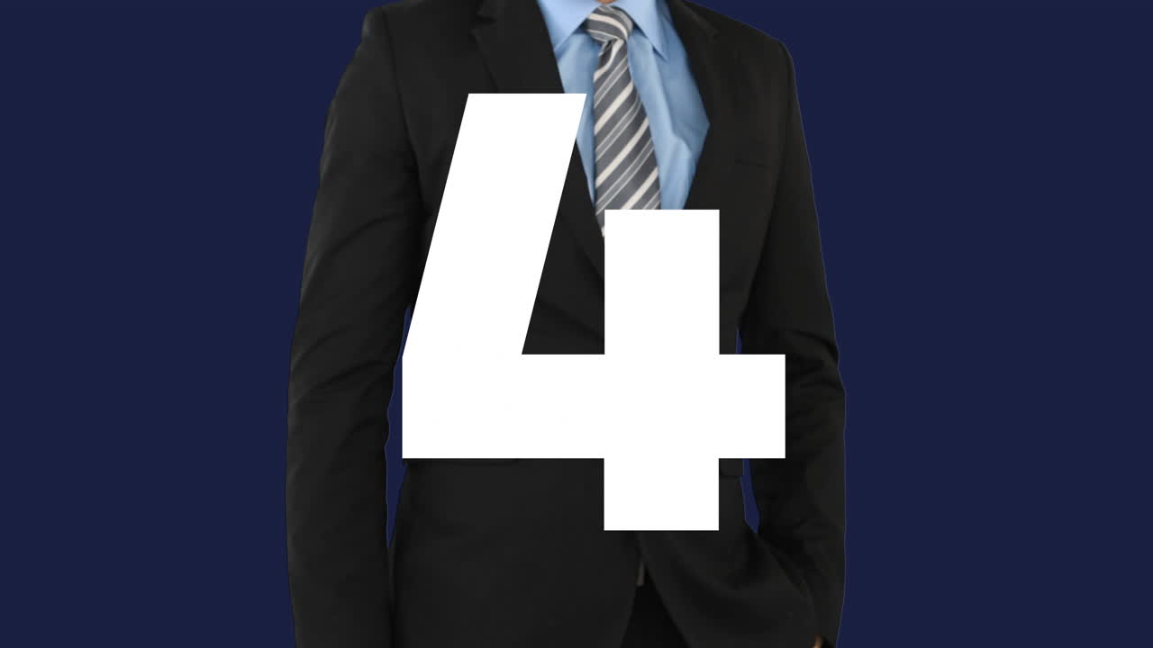 Numbers in animation over person in business suit on dark background