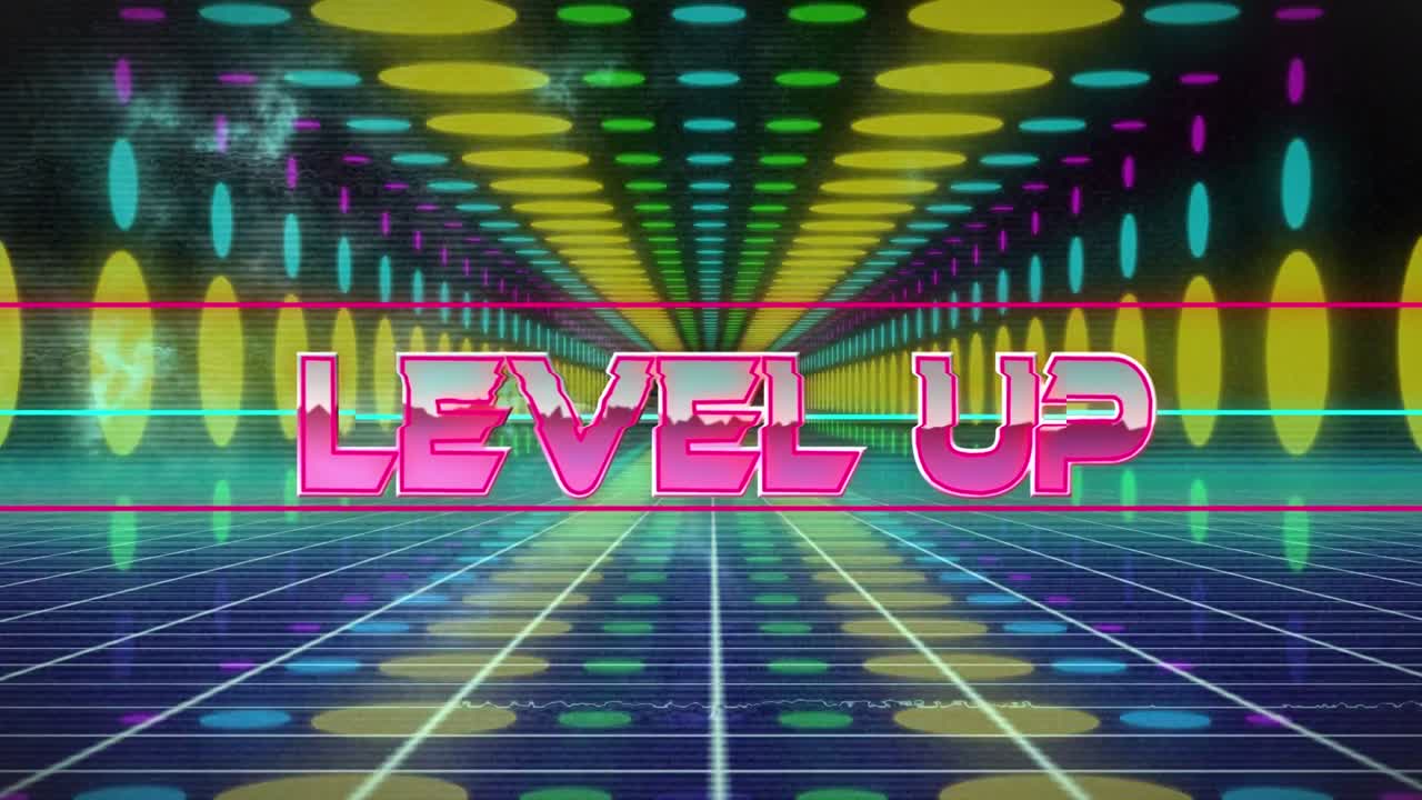 Animazione di 'level up' sopra un tunnel fatto di luci colorate.