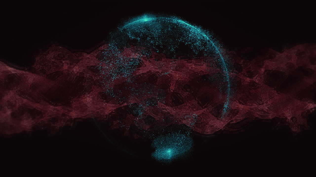 Digital animation of red digital wave over globe spinning against black background