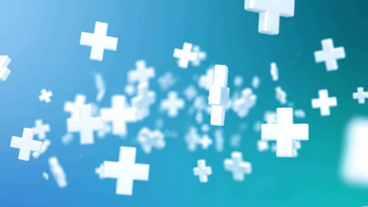 A Dazzling Display of Floating Plus Signs: An Abstract Exploration of Positive Symbols in a Dynamic Background Shifting from Light to Dark Tones