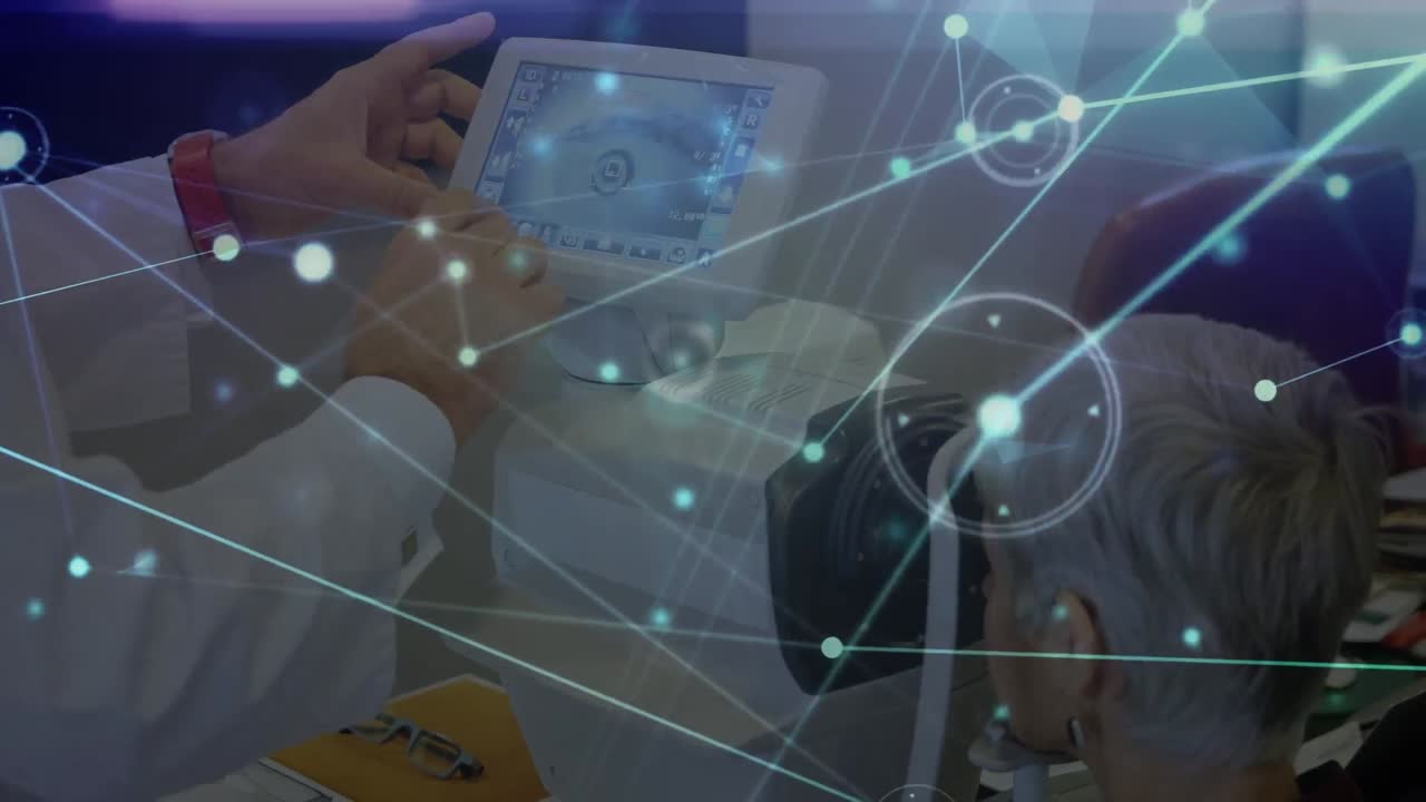 animación de la red de conexiones sobre las manos del hombre caucásico con máquina de control ocular