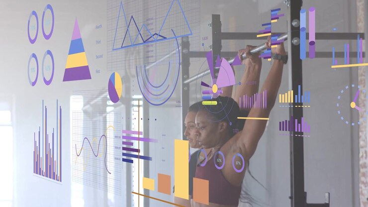 Graph overlay appearing across fitness studio while two women reaching, grasping bar, tracking reps