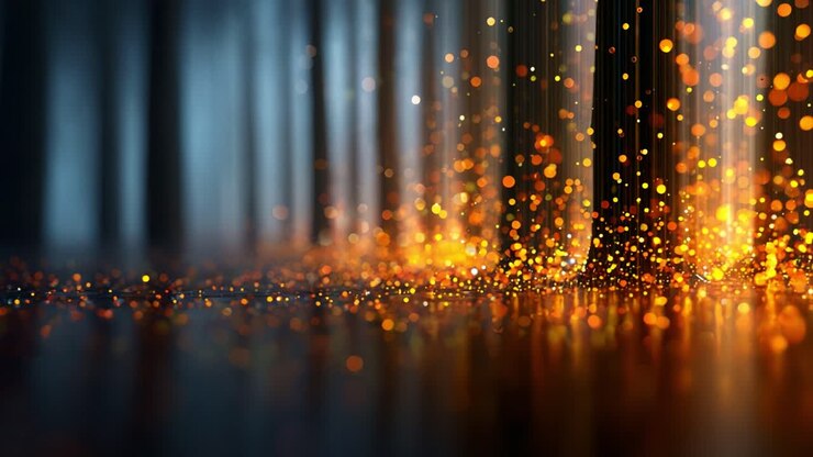 Una vista ipnotica di una scena eterea di una foresta piena di incantevoli particelle luminose e luci danzanti, che creano un'atmosfera di magia e tranquillità tra gli alberi.