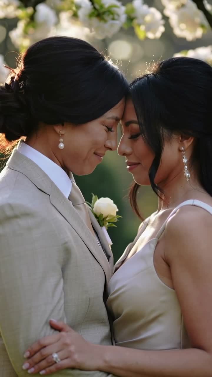 Video vertical: Pareja inclinada con traje y vestido de gala juntando las cabezas en un jardín, el sol invitando a un abrazo, anillo.