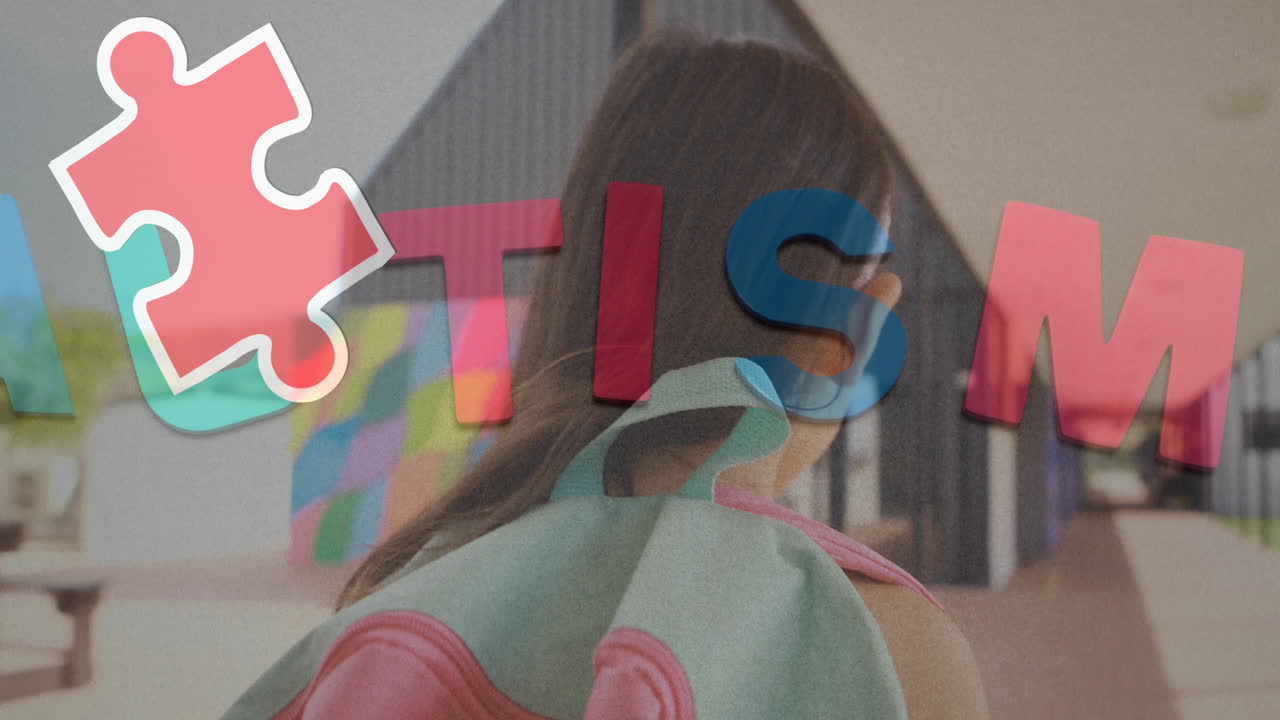 자폐증 텍스트와 학교에서 고 있는 여학생을 가로질러 떨어지는 퍼즐의 애니메이션