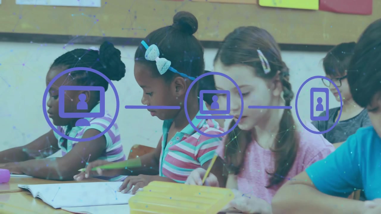 Diverse Elementary Students Studying in Classroom with Digital Technology Overlay