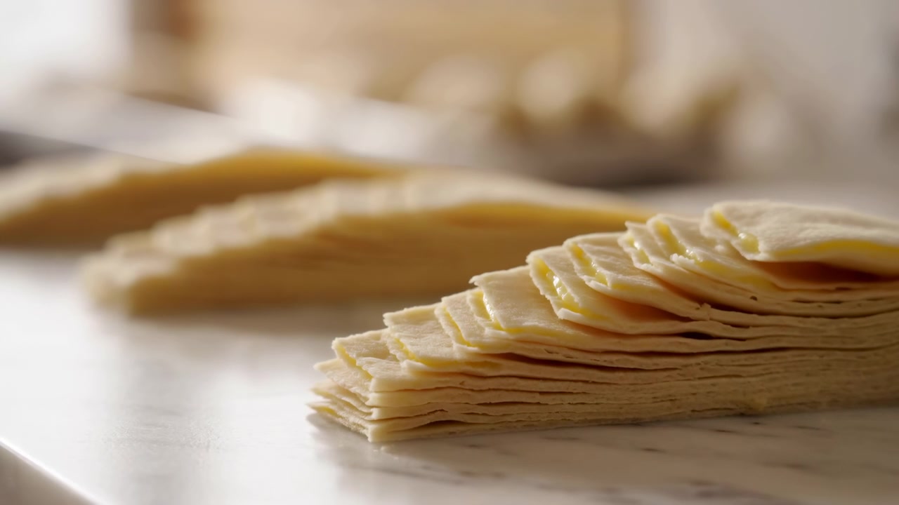 Close view moves toward layered pale dough sheets on a marble surface, showing irregular edges and fine texture while additional stacks stay softly blurred under warm background light.