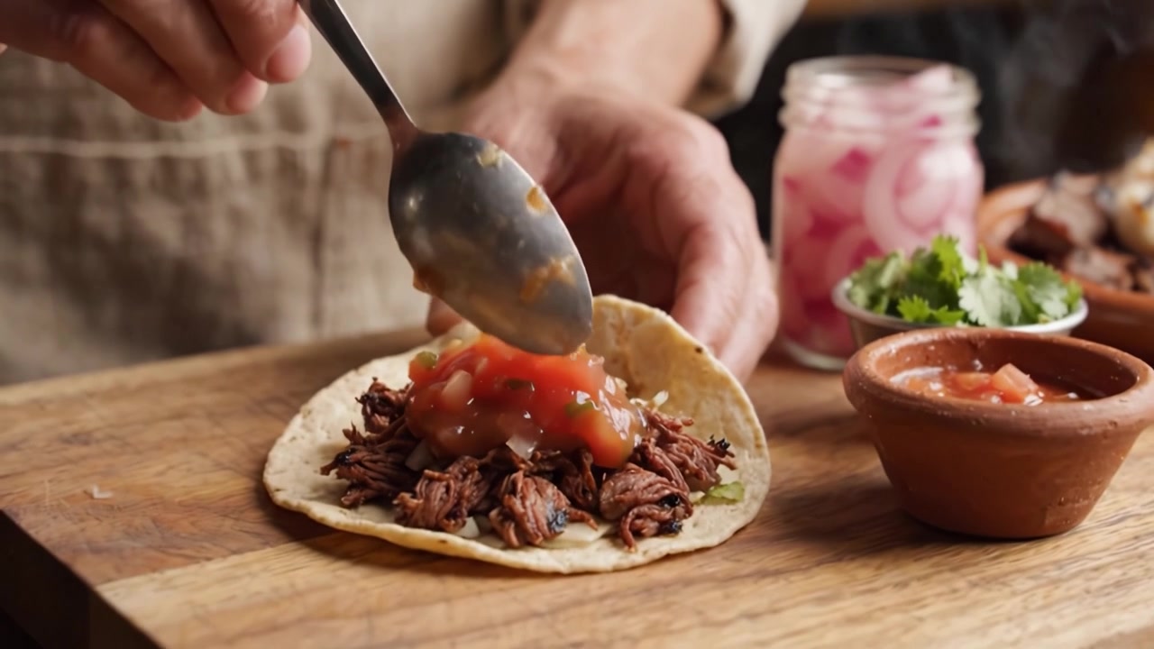 At lave en lækker taco: Processen med at tilføje frisk salsa og smagfulde ingredienser i hver håndlavet bid for en autentisk spiseoplevelse