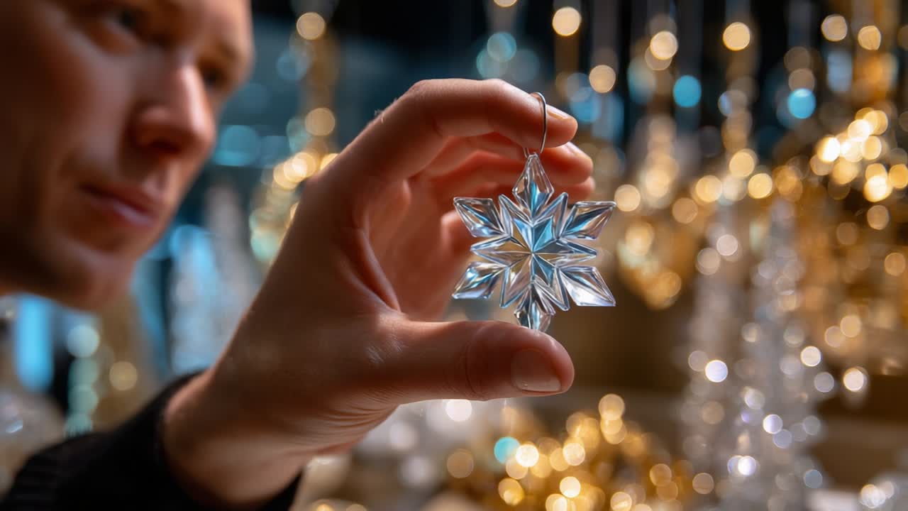 A Close Perspective on a Crystal Snowflake Ornament Held by a Person, Showcasing Intricate Details Against a Background of Glimmering Lights and Holiday Decorations, Perfect for Festive Gatherings and Celebrations