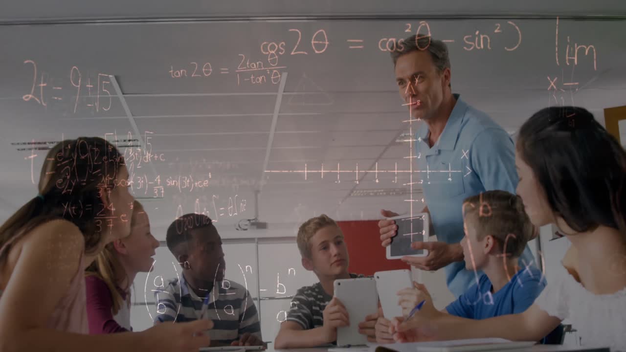 Animation af matematiske formler over elever og lærer i klasseværelset