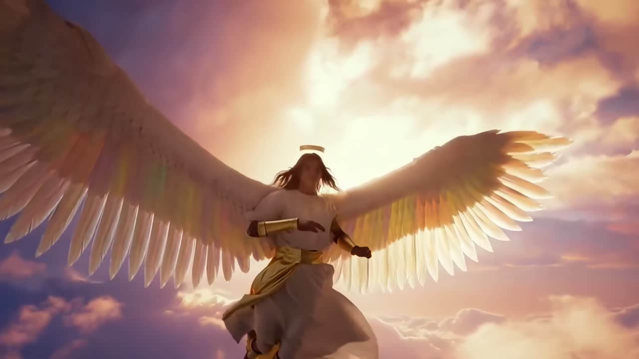 Aerial video of an angelic figure soaring through vibrant clouds, captured from below