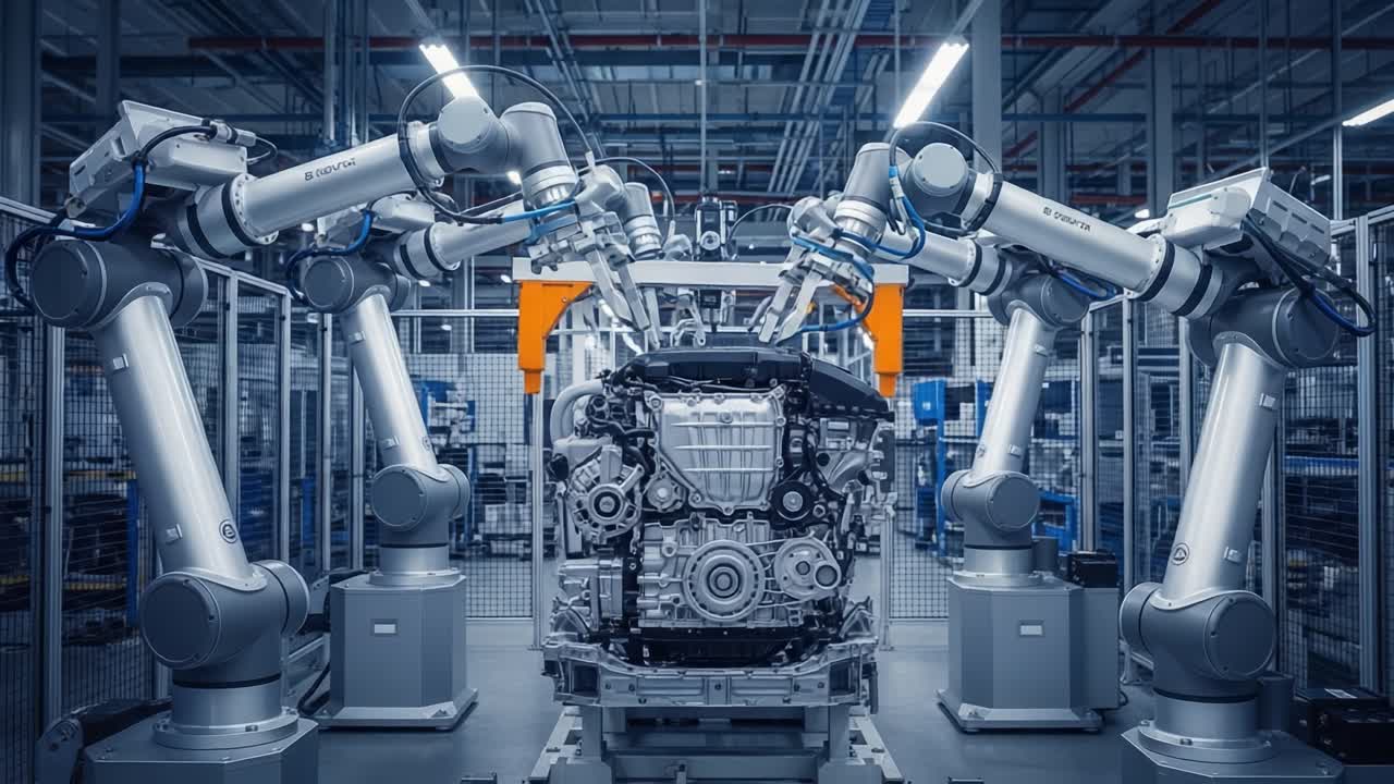 Automated Robotic Arms Collaborating to Assemble an Engine in a Modern Manufacturing Facility, Highlighting Advanced Industrial Robotics Technology and Precision Engineering.