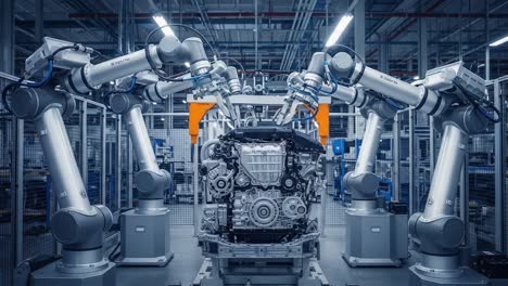 automated robotic arms collaborating to assemble an engine in a modern manufacturing facility, highlighting advanced industrial robotics technology and precision engineering.