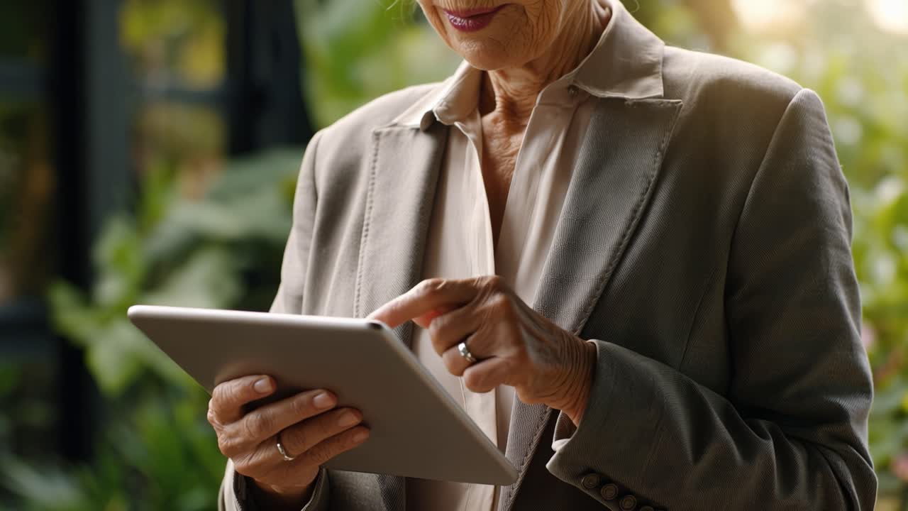 Woman uses tablet outdoors near greenery. Hands hold device with focus and care. Her smile suggests calm engagement. Ideal for business, education, or wellness themes
