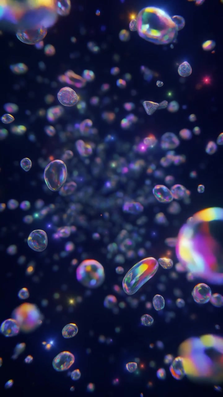 Abstract Floating Iridescent Bubbles on Dark Background