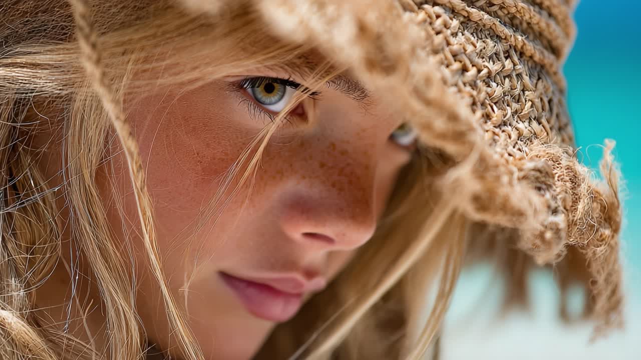 Captivating Close-up of a Young Girl with Freckles and a Straw Hat, Evoking a Sense of Wonder and Connection to Nature