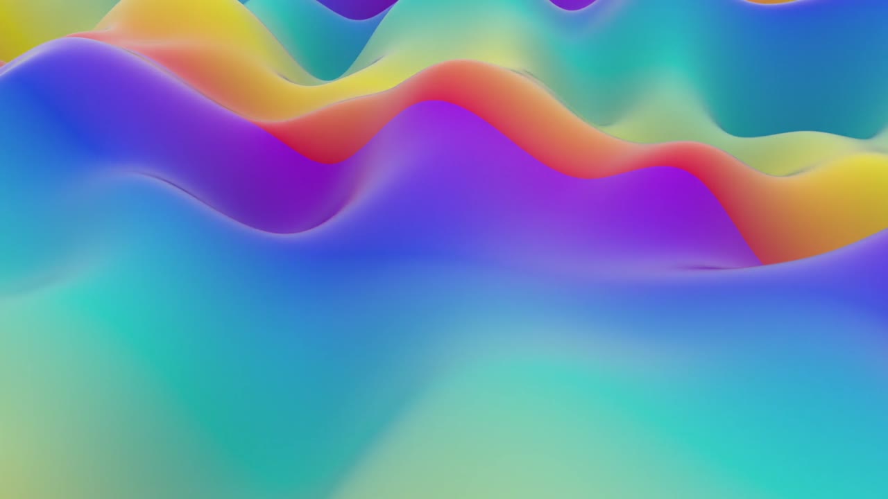 Colorful abstract landscape of smooth undulating hills in rainbow hues. Dreamy, playful, and vibrant motion background for creative projects