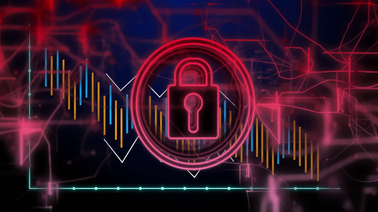 Animazione di simbolo di lucchetto su grafico digitale, che rappresenta la cybersecurity nella rete scolastica